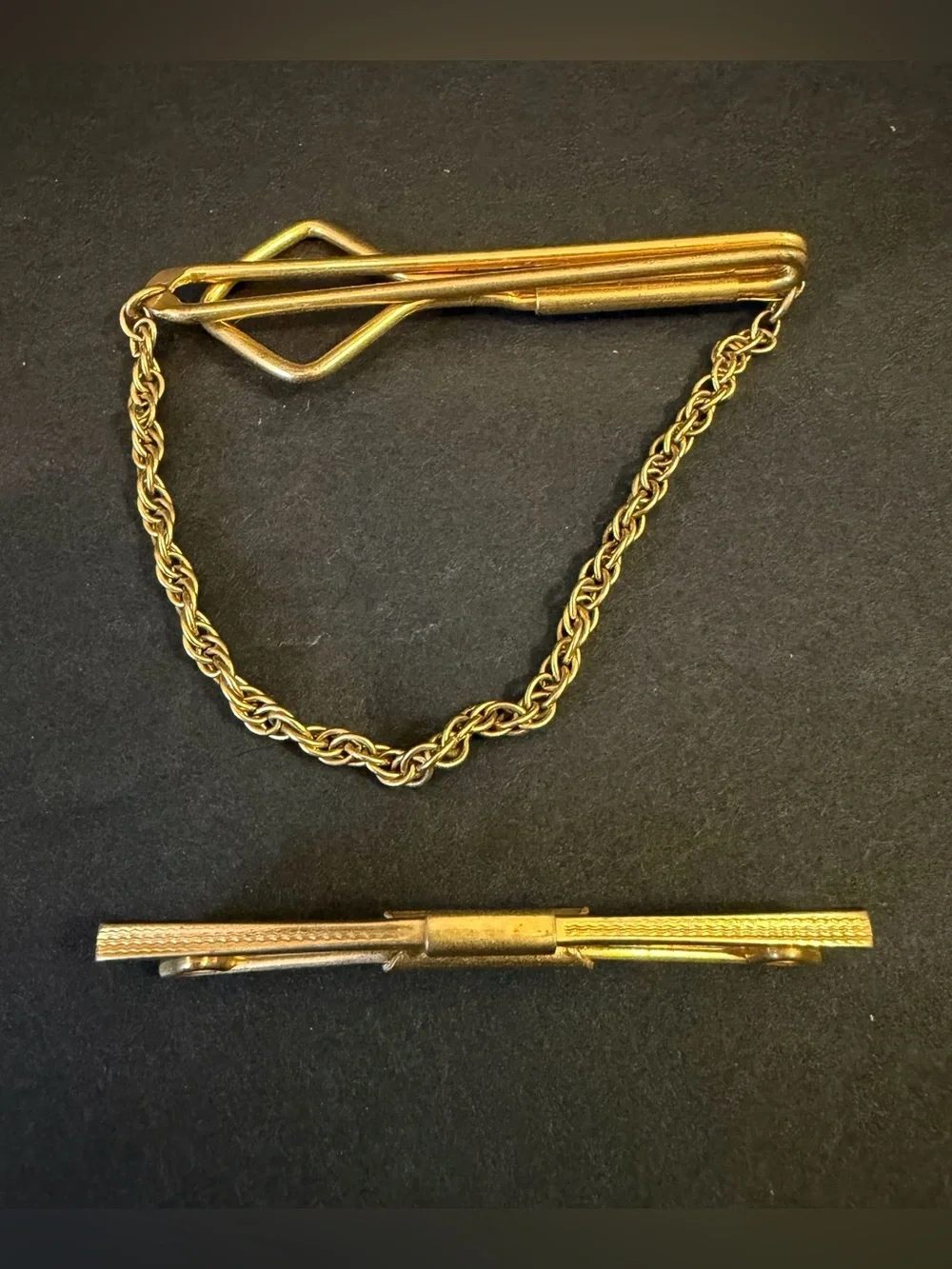Vintage Swank Tie Bar Clip Gold Tone Chain Men's Jewelry Retro Dad Father Lot 2x